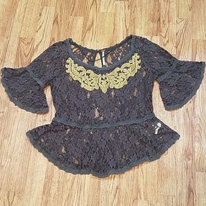 Free People Boho Lace top XS Grey Peplum Flare